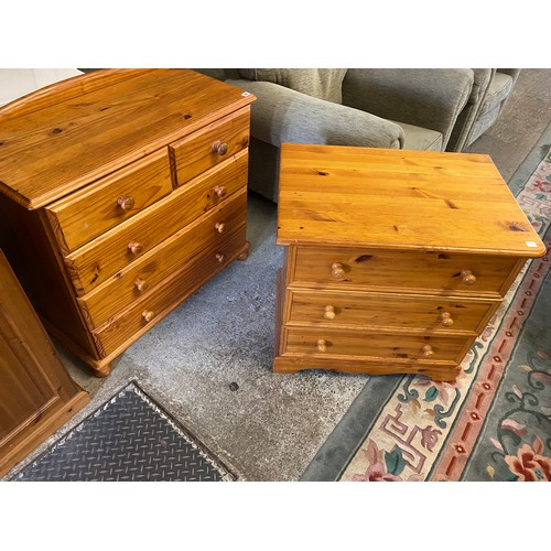 92 - Two modern pine chests, one fitted two narrow and three wide drawers - 34in. wide and the other thre... 