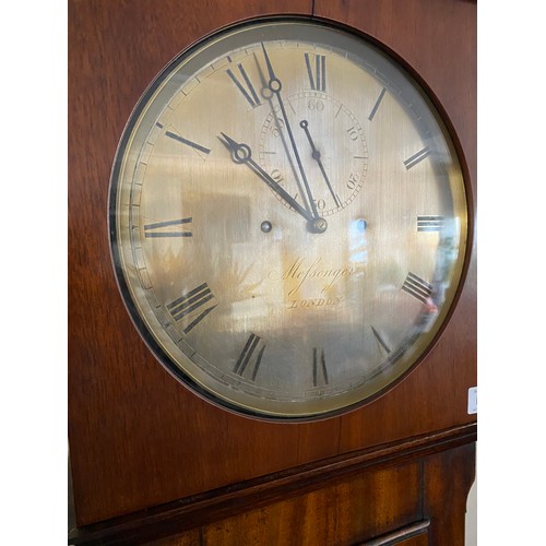 60 - A longcase clock by Messenger of London, circular silvered dial, seconds dial, in a mahogany case wi... 