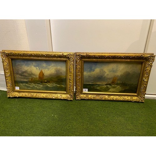 1 - A pair of oils - Fishing boats on rough seas, gilt framed and glazed - 8 1/4in. x 13 1/4in.