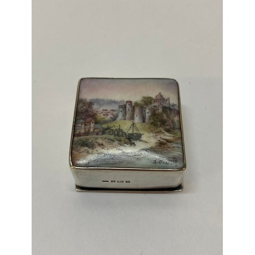 271 - A modern silver trinket box of square form, the lid with inset porcelain tile depicting a castle sig... 