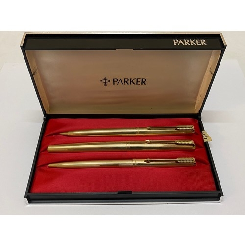 354 - A Parker 12ct. rolled gold fountain pen, propelling pen and propelling pencil in fitted box