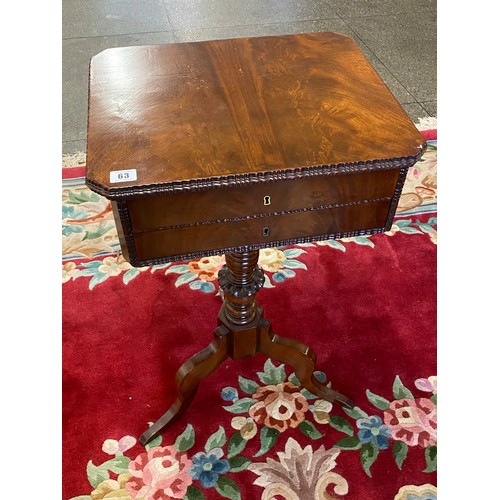 63 - A 19th Century mahogany sewing table with carved edges, the hinged lid enclosing fitted interior abo... 