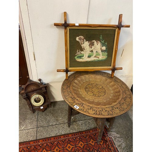 95 - A Victorian barometer on a carved wood mount, a Tiffin table with stylised border, on pierced wood f... 