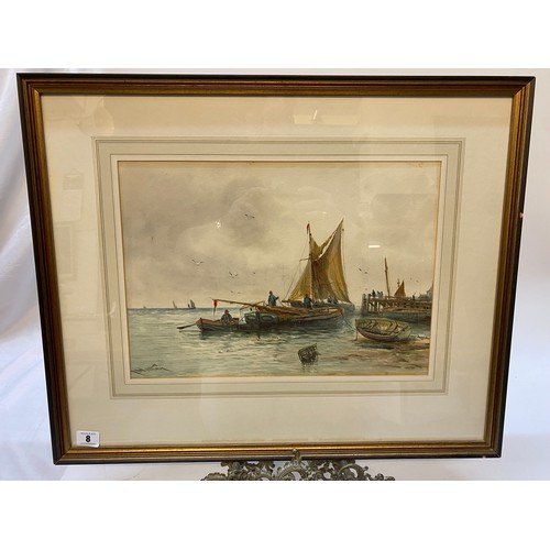 8 - Wilton.  A signed watercolour - Fishing boats and fishermen, mounted, framed and glazed - 11 1/2in. ... 