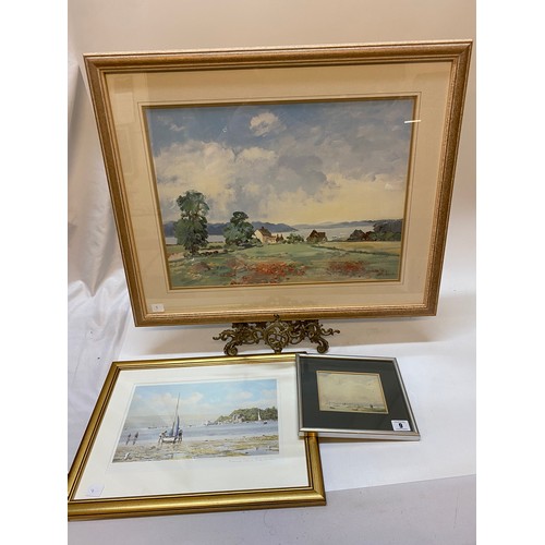 9 - Gilman.  A watercolour - Norfolk, mounted, framed and glazed - 3 3/4in. x 5in., a coloured print of ... 