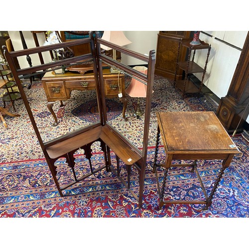 38 - An oak occasional table with square top, on barley twist legs - 18in, square and a two fold screen f... 