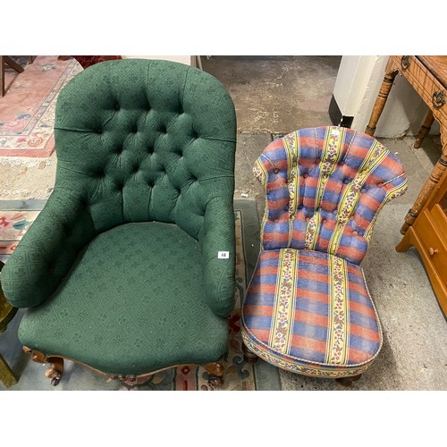 48 - A Victorian walnut framed armchair upholstered in green dralon, on cabriole legs and a Victorian low... 