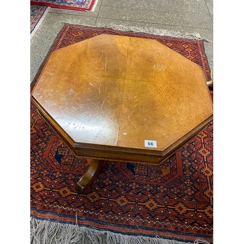 66 - A birds eye satin maple occasional table with octagonal top, on three downswept legs