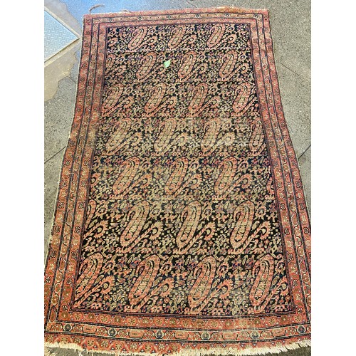 8 - An Eastern rug, black field with paisley pattern to the centre within red stylised border - 80in. x ... 