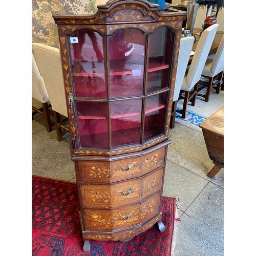 70 - An antique Continental walnut and floral marquetry inlaid display cabinet, the upper part fitted gla... 