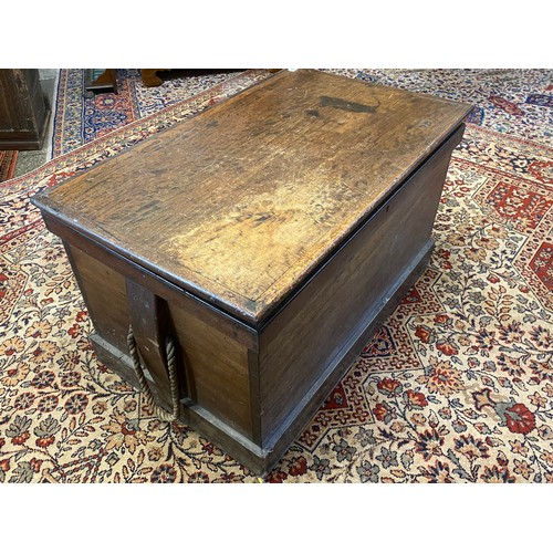 51 - A mahogany carpenters chest with rope carrying handles, fitted with a selection of hand tools includ... 