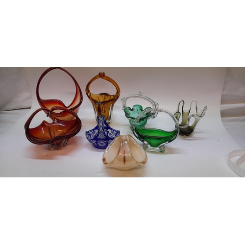 157 - A collection of coloured decanter, vases, pedestal bowl, candlesticks etc..