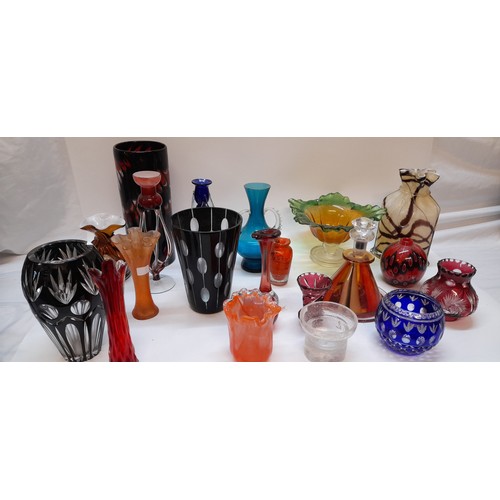 158 - A collection of coloured glass vases, candlesticks, decanter, pedestal bowl etc..