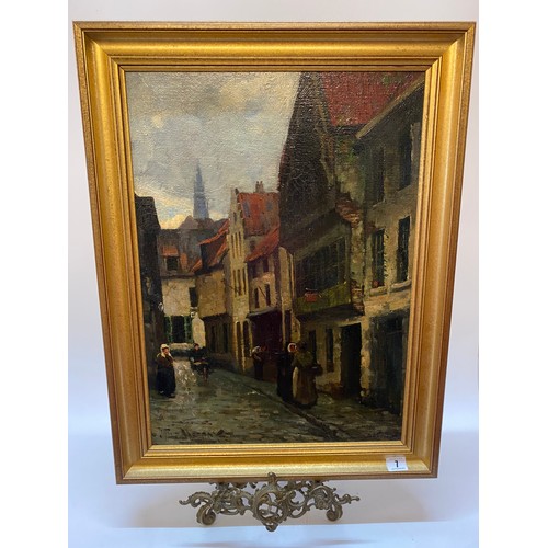 7 - A signed oil on panel - Continental street scene with figures, under a cloudy sky, gilt framed - 21 ... 