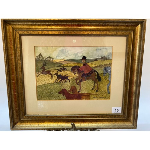 15 - Shirley Smithers.  A signed watercolour - Hunting scene, mounted, framed and glazed - 7in. x 9 1/2in... 