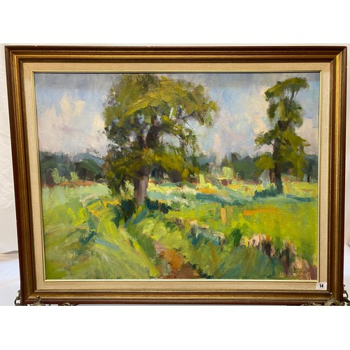 14 - Gordon Lilford.  Oils on board - Landscape with trees, framed - 24in. x 32in.