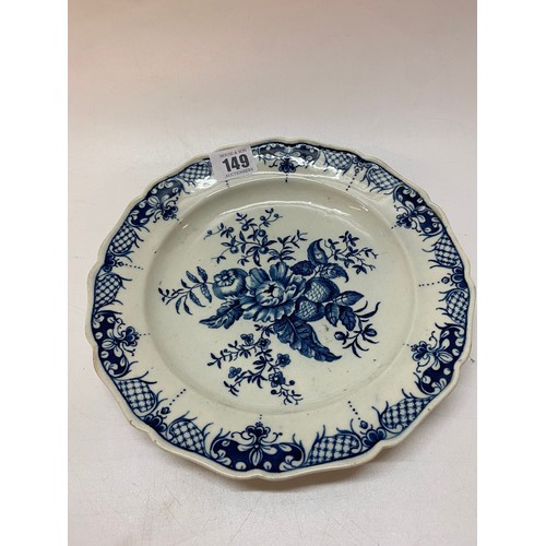 149 - A late 18th Century Worcester plate painted blue pine cone pattern, shaped edge, crescent mark to th... 