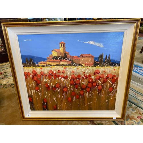 5 - A modern oil on canvas - Continental view with poppy field, framed - 27in. x 31in.