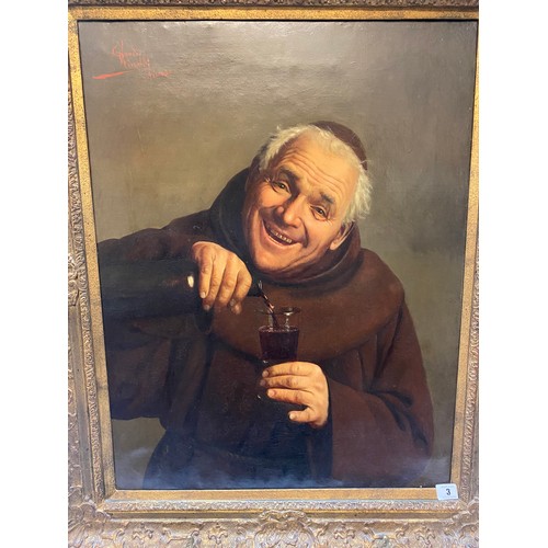 3 - Claudio Rinaldi Firenze.  A signed oil on canvas - Half length portrait of a cheerful monk pouring a... 