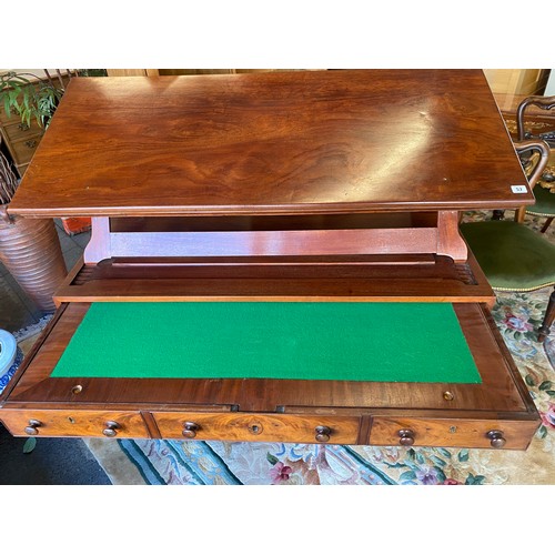 52 - A Victorian mahogany architects table with adjustable hinged sloping top, three dummy drawers above ... 