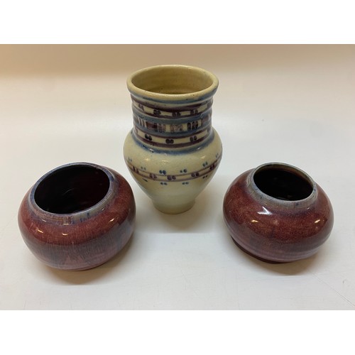 227 - Two 1930's Keysworth Pottery sang de boeuf glazed small bowls - 2 1/2in. high and a vase, white with... 