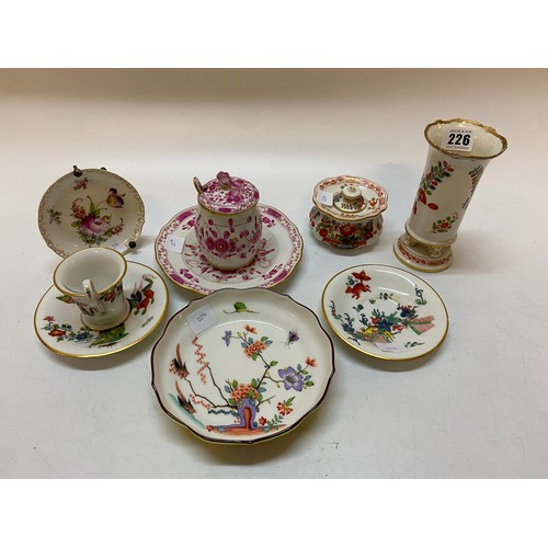 226 - Eight items of Meissen comprising:- cabinet cup and saucer and one other sauce, ink pot and cover, d... 