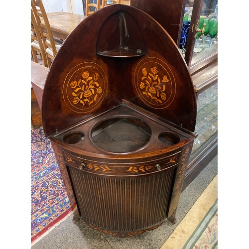 85 - An antique Dutch marquetry corner washstand with folding top, frieze drawer and tambour door under, ... 