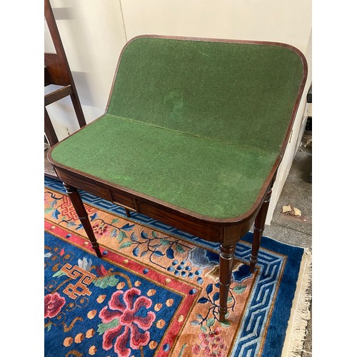 156 - A 19th Century mahogany card table with ebony line inlay, 'D' shaped folding top enclosing green bai... 