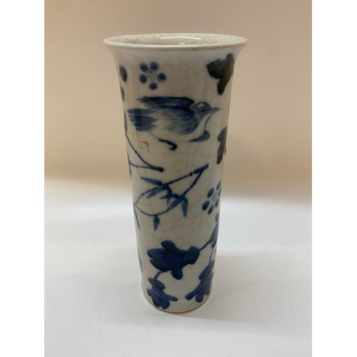 149 - A Chinese cylindrical vase, crackle glazed with blue and white decoration of moths and flowers - 10i... 