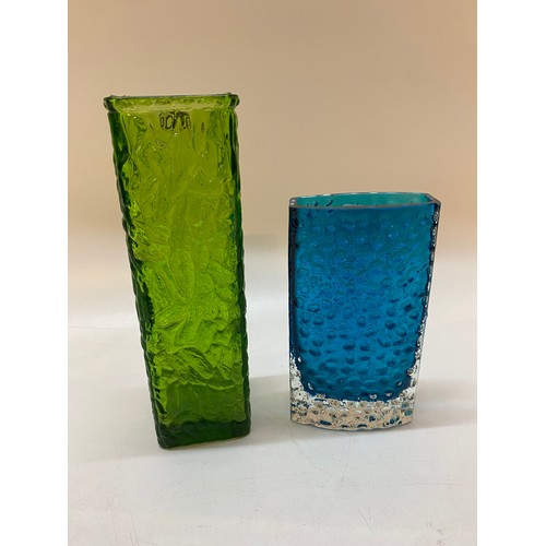 176 - A Whitefriars blue vase of rectangular form - 6 1/4in. high and a square Whitefriars style vase in g... 