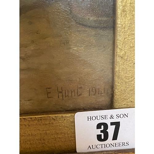 37 - Edgar Hunt 1944.  A signed oils on board - Chickens by a door, gilt framed - 10 1/2in. x 14in.