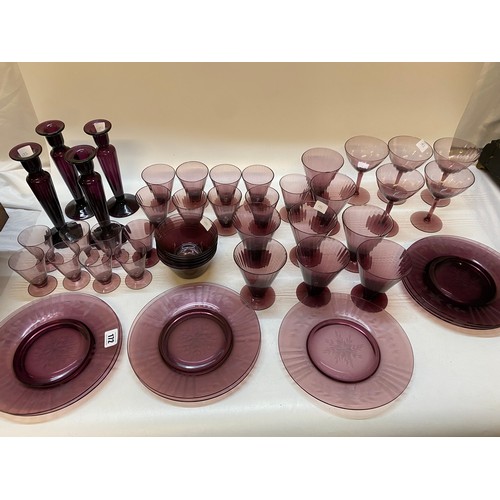 172 - Amethyst glass comprising:- eight tumblers, eight smaller dittos, eight liqueurs, five goblets, thre... 