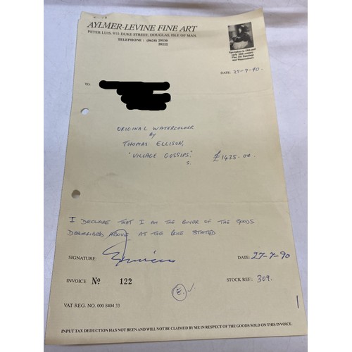 20 - Thomas Ellison.  A signed watercolour - Village Gossips, mounted, framed and glazed - 15in. x 22in.