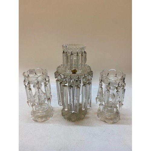 174 - A large hobnail cut lustre with heart shaped decoration, on petal shaped base - 12in. high and a pai... 