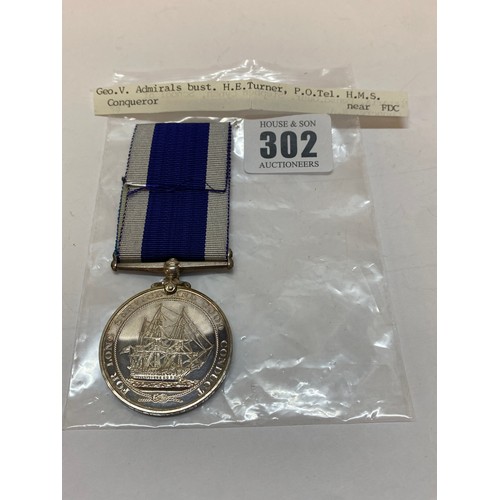 302 - A Royal Naval Long Service and Good Conduct medal awarded to 175030 H.E Turner P.O Tel H.M.S Conquer... 