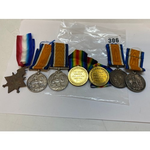 306 - A 1914-15 Stars awarded to 185-737 Pte. J English Durh.L.I, a British War medal and Victory medal aw... 