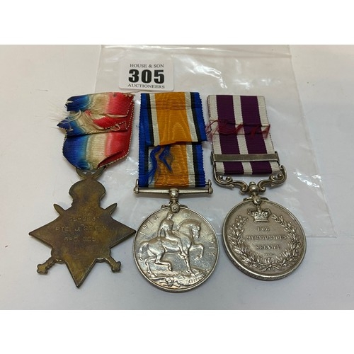 305 - A group of three medals awarded to P-10969 Pte. A. Cpl. J. Coxon M.M.P comprising:- 1914-15 Star, Br... 