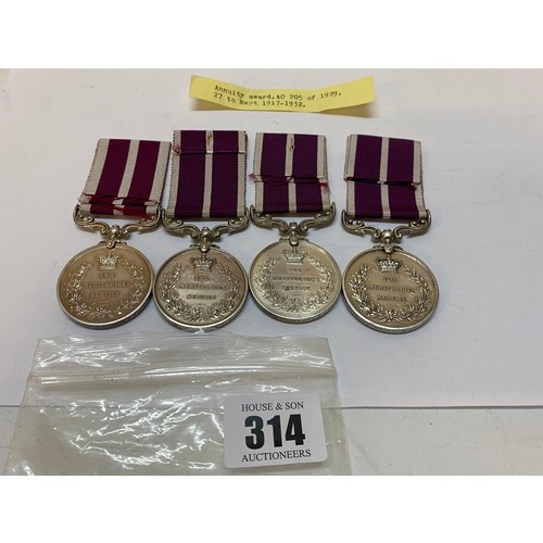 314 - Four Meritorious Service medals awarded to 32099 C.S.Mjr:- A.J Hickman 1/GARR:BN:L Pool R., T-2348 A... 