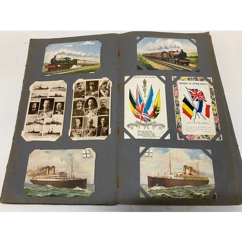 29 - An album of coloured and black and white postcards including First World War, aircraft, battle ships... 