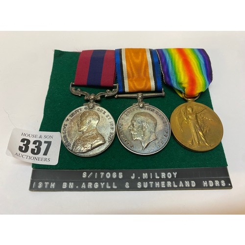 337 - A group of three medals awarded to S/17065 J Milroy 13th Bn. Argyll and Sutherland HDRS comprising:-... 