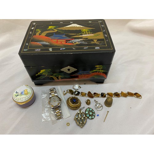 170 - A Japanese jewellery box containing a lady's Citizen Eco-Drive WR100 wristwatch, a Crummles enamel t... 