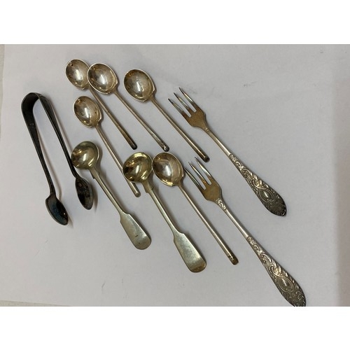 158 - Five silver coffee spoons and a small selection of silver plated flatware including sugar tongs