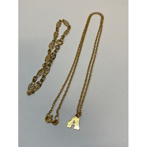 180 - A 9kt. gold bracelet pierced links and a 9ct. gold necklace with 9ct. gold 'A' shaped pendant
