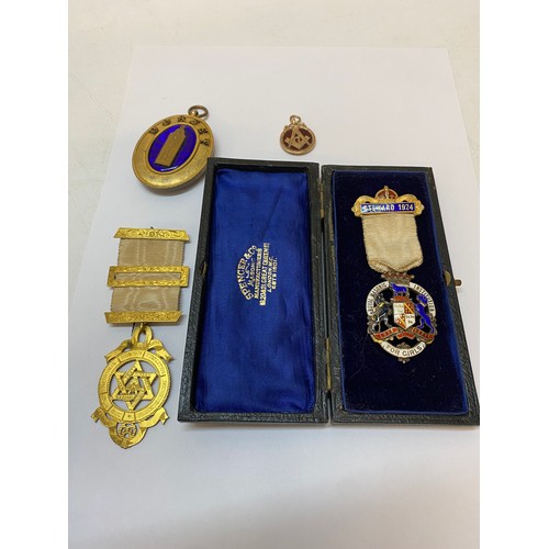 172 - A 9ct. gold Masonic medal set carnelian, a Royal Masonic Institution For Girls silver gilt and ename... 