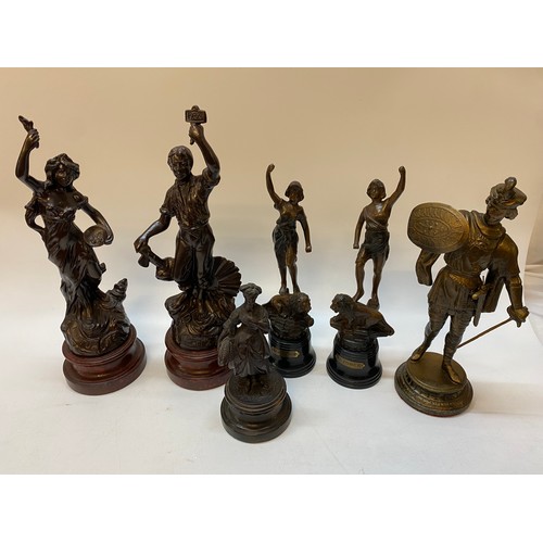 218 - A pair of spelter figures, male and female titled 'Paix' and 'Mutualite' - 16in high. one other pair... 