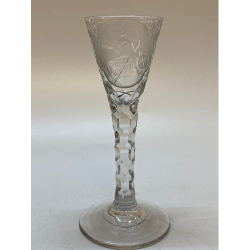 152 - An antique wine with engraved decoration to the bowl of Britannia, faceted stem and a copy of Old Gl... 
