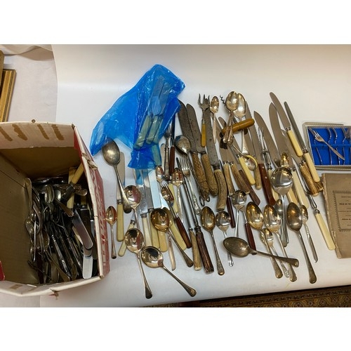 160 - A selection of silver plated flatware including steak knives and forks with antler handles, berry sp... 