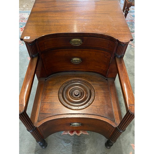 57 - An antique mahogany and ebony line inlaid commode with concave front, fitted drawer above cupboard, ... 