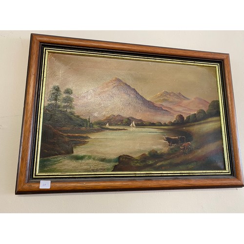 20 - Oils on canvas - Cattle beside a river, mountains in the distance, framed - 13 1/2in. x 21in., a sig... 