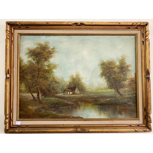 20 - Oils on canvas - Cattle beside a river, mountains in the distance, framed - 13 1/2in. x 21in., a sig... 